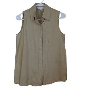 Ann Taylor Studio Tan 100% Linen Sleeveless Button Down Shirt Womens Small Khaki